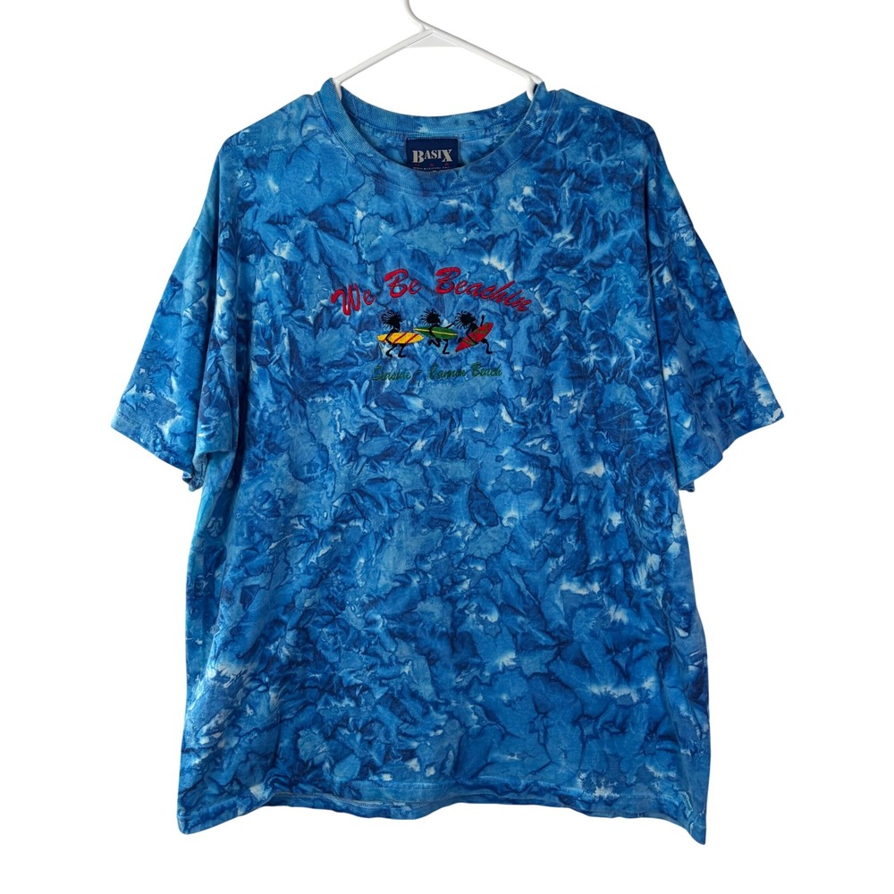 Basix USA We Be Beachin Seaside Cannon Beach Blue Tie Dye Embroidered T-Shirt